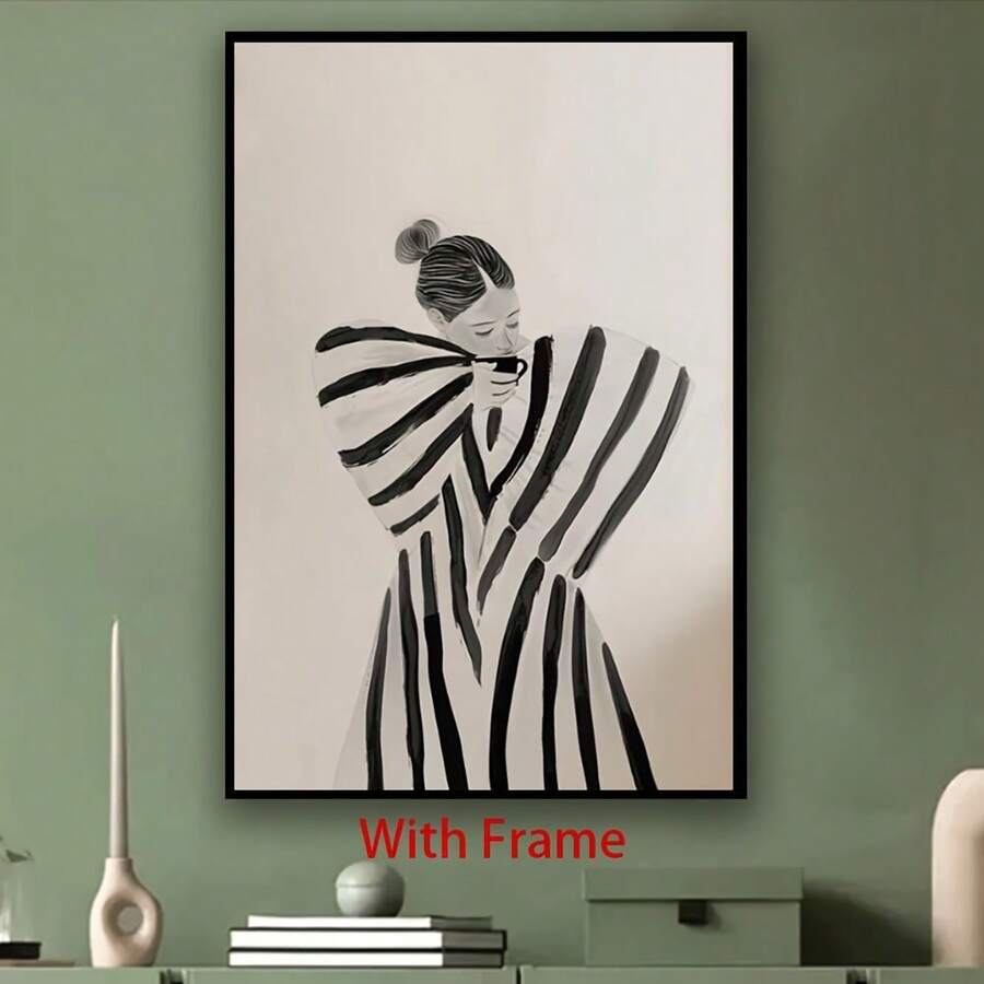 1 件带框帆布墙画 - 现代黑白条纹女人插图,适合客厅、卧室、办公室或餐厅的室内/室外装饰,完美的生日或节日礼物,墙壁艺术装饰 - 彩色 - 查看 1