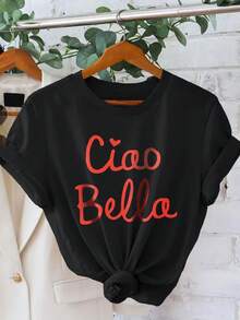 1pc Women Casual Round Neck T-Shirt With "Ciao Bella" Letter Print, Short Sleeve Knitting Polyester Top, Suitable For All Seasons - Black - View 3