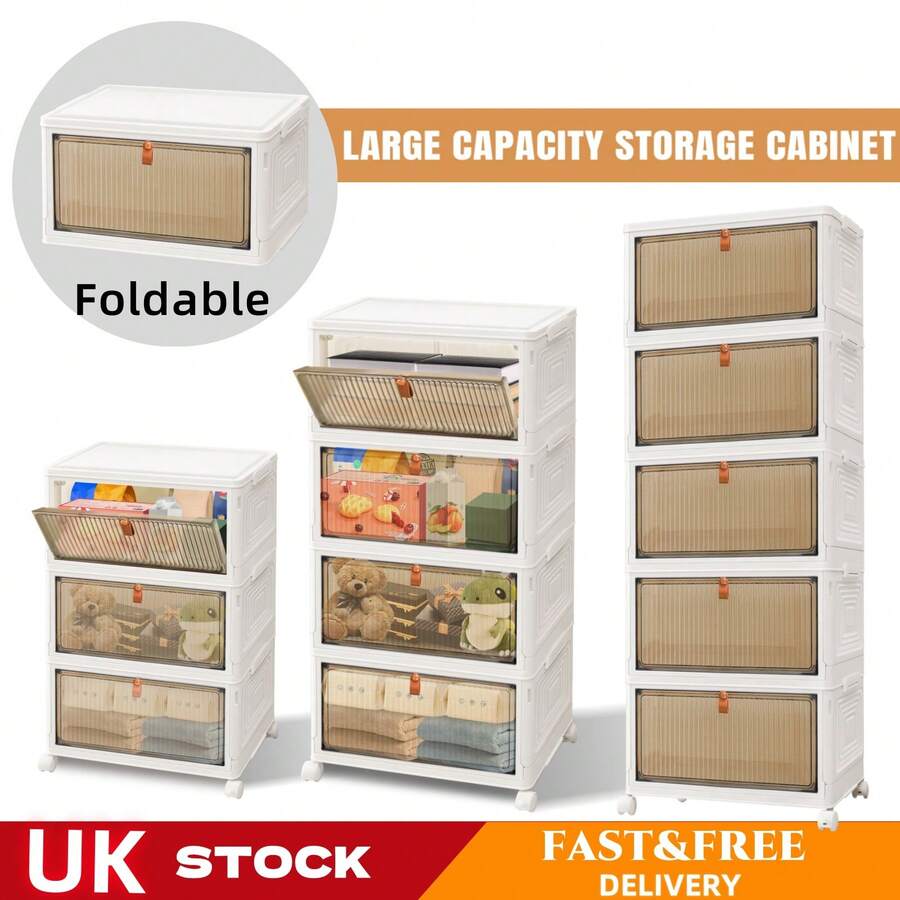 AutoFu 5 Tier Plastic Storage Drawers Box Tower Unit Stationery Organizer On Wheels, Large Folding Storage Box, Stackable Case Cabinet Closet Organizer - White-5 Tier - View 1