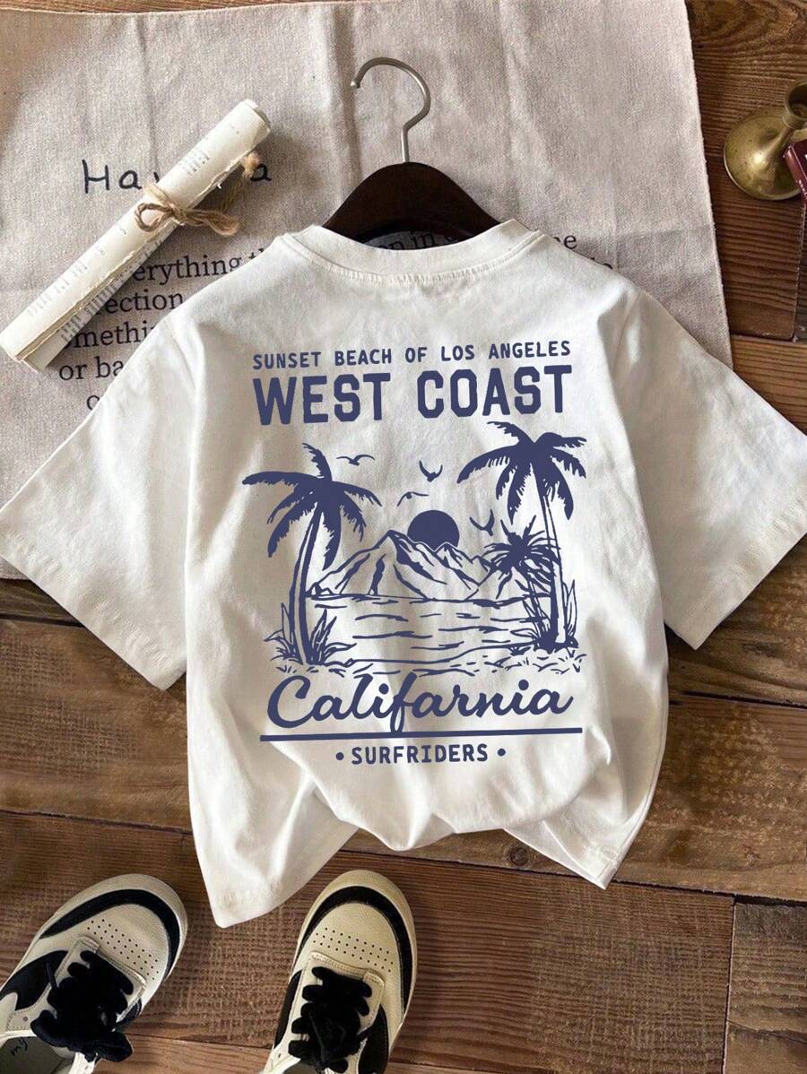 Camiseta casual sencilla de niño con estampado de naturaleza, estilo de playa de verano con montañas, mar y árboles, cuello redondo, manga corta, ropa de niños de verano nueva con parte superior de manga corta