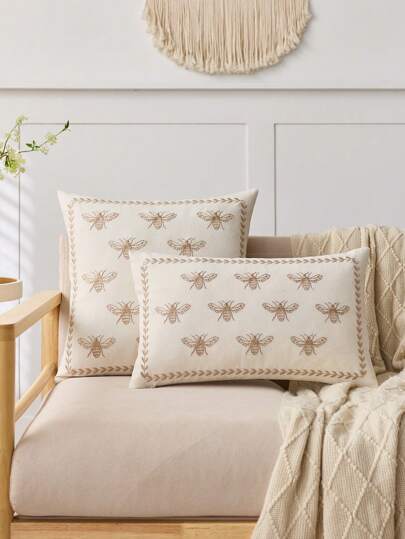 1pc Beige Embroidered Bee Decorative Pillow Cover, Suitable For Indoor Decor, All-Season, Does Not Include Pillow Insert