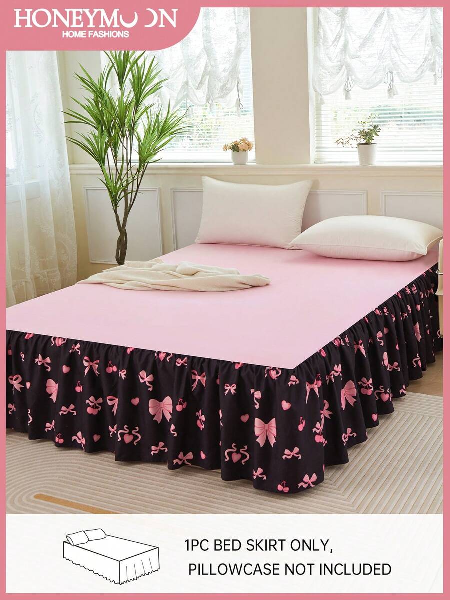 1pc Pink Butterfly Print Ruffled Bed Skirt, Classic Style, Soft & Fashionable, 100% Microfiber, 15-Inch Drop, Machine Washable, Suitable For Home Bedding And Dorm - Multicolor - View 1