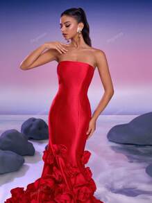Women's Solid Color Strapless Dress With 3D Floral Decor, Elegant Evening Gown, Formal, Party Dress, For Wedding Guest