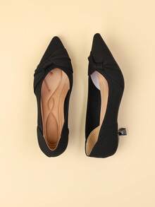 Women's Pointed Toe Basic Casual Slip-On Knitted Flats With Bow Decor, Petite/Plus Size French Style 1.57 Inch Kitten Heel, Suitable For Skirts, Cute Look - Black - View 4