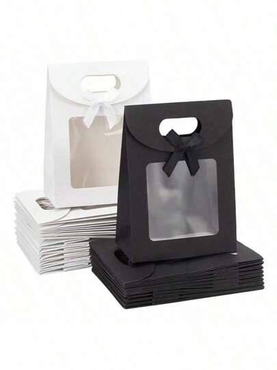 12 Packs Elegant Black And White Gift Bags With Clear Window, Paper Party Favor Bags With Handles And Bow Ties For Wedding, Bridal Shower, Birthday, Bachelorette - Versatile For Christmas, Halloween, New Year, Valentine's Day