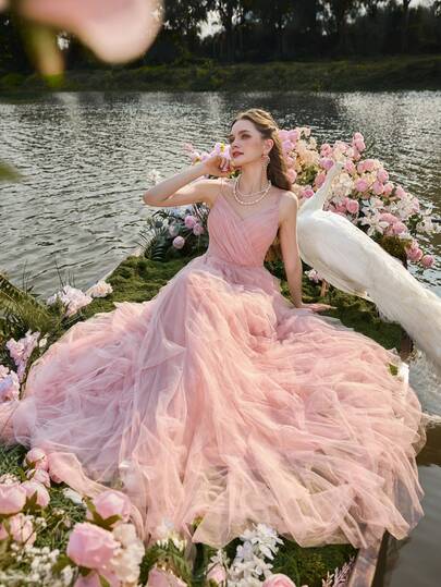 Faeriesty Women Elegant Elegant Women's Evening Gown With Delicate Thin Straps, Sheer Tulle Fabric, And Tiered Ruffle A-Line Dress | Sophisticated Formal Dress For Wedding, Black-Tie Events, Graduation Dress & Birthday Women Outfits, Bride,Summer Holiday Outfits