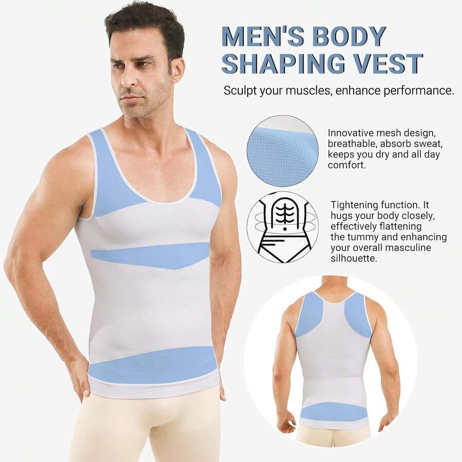 Men Compression Shirt Vest Slimming Body Shaper Shaping Undershirts Shapewear Workout Tank Tops - White - View 1