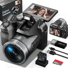64MP 4K Digital Camera For Photography, Vlogging Cameras  With 3" Flip Screen,16X Digital Zoom, WiFi& Autofocus,2 Batteries, 32GB TF Card - màu đen - Xem 1