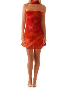 Women Mini Dress, Strapless Backless Flower/Solid Slim Fit Summer Tube Dress Clubwear With Scarf - 珊瑚橙 - 查看 8