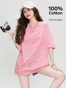 New Loose Fit Light Pink Water Color Painting Print T-Shirt, Fashionable Casual Women Tees