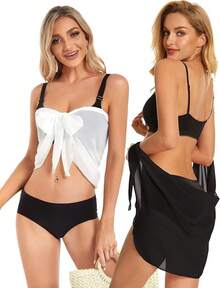 CHICGAL 2 Pieces Women Beach Sarong Bathing Suit Wrap Skirt Sheer Bikini Swimsuit Cover Ups Swimwear - 01 黑白 - 查看 5