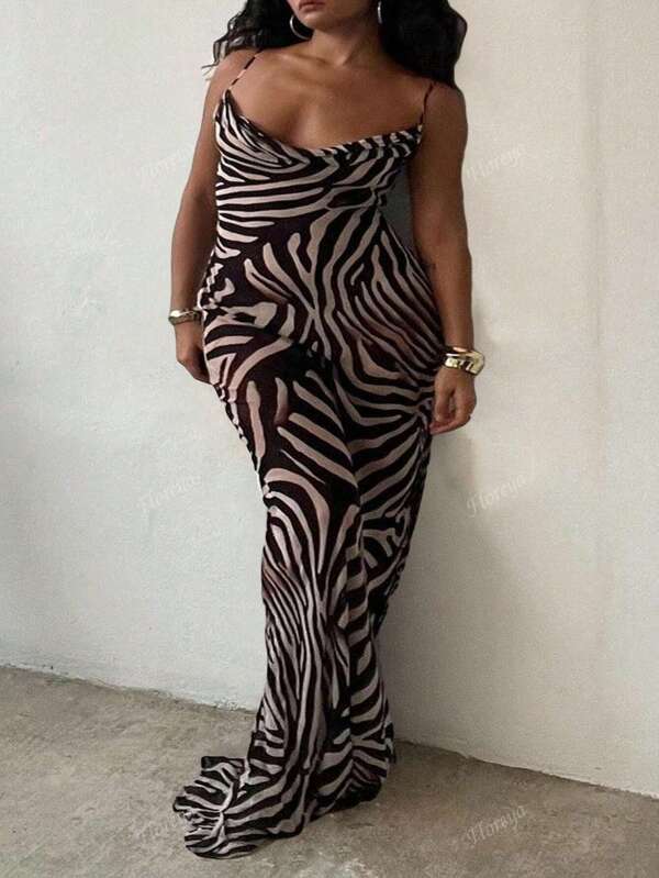 Sexy Elegant Draped Neck Slim Fit Leopard Print Maxi Dress, Chic Elegant, Suitable For Vacation And Daily Wear
