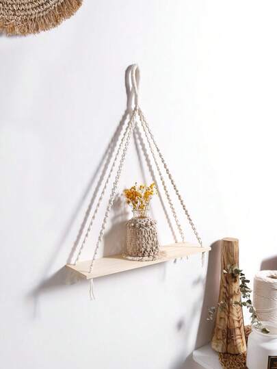 1Pc Handmade Macrame Wall Shelf Hanging Decor, Boho Chic Floating Shelves With Tassels, Rope Wall Mounted Display For Plants And Decorative Items, Ideal For Living Room, Bedroom, Or Bathroom,Home Decor ,Room Decor,Wall Decor Gifts Birthday Graduation