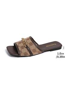 [Casual Flat Sandals] Women's Flat Sandals With Chain Buckle, Peep Toe, Slip-On, TPR Sole - Suitable For Beach - Brown - View 8