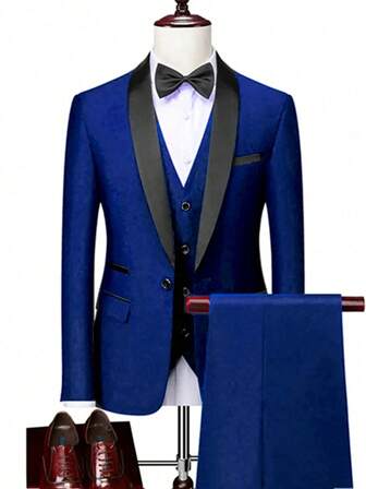 3pcs Men's Fashion New Business Solid Color Slim Fit Stretchy Suit Set, Includes Blazer, Vest, And Trousers, Work Formal Attire