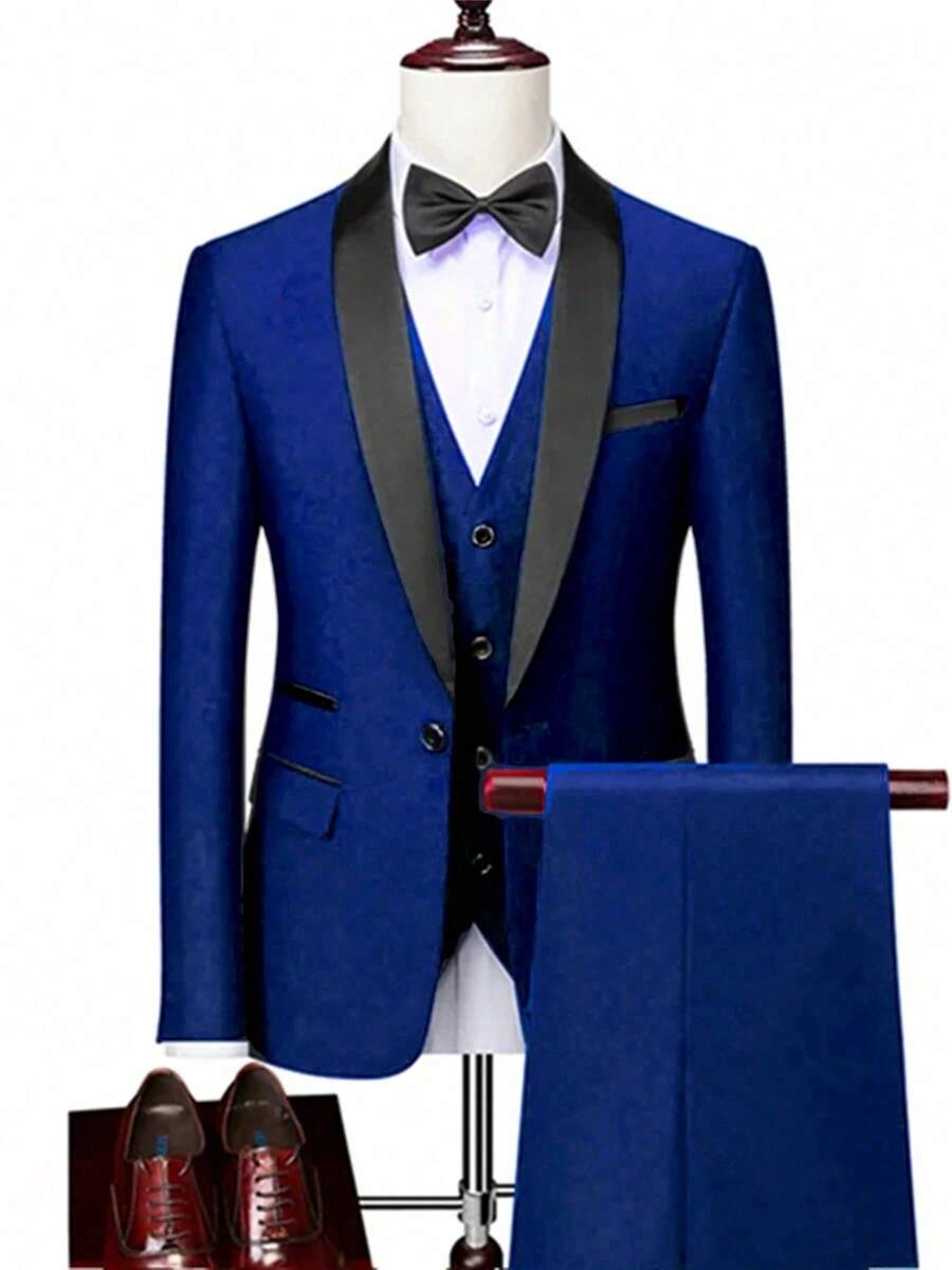 3 件套男士时尚新款商务纯色修身弹力西装套装，包括西装外套、背心和裤子，工作正装 - 寶藍色 - 查看 1