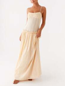 Women Y2K Maxi Dress Elegent Solid Color Spaghetti Strap Square Neck Pleated Front Flowy Long Dress Summer Backless Sleeveless Ruched Ruffle Hem Going Out Cami Dresses Party Club Beach Vacation Sundress - 淡黃色 - 查看 4