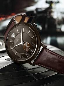 Versace 男士时尚商务石英腕表，棕色皮革表带，垂直条纹表盘设计和黑色不锈钢表壳，浪漫男士礼物手表，VEBQ00419 - 咖啡棕 - 查看 11