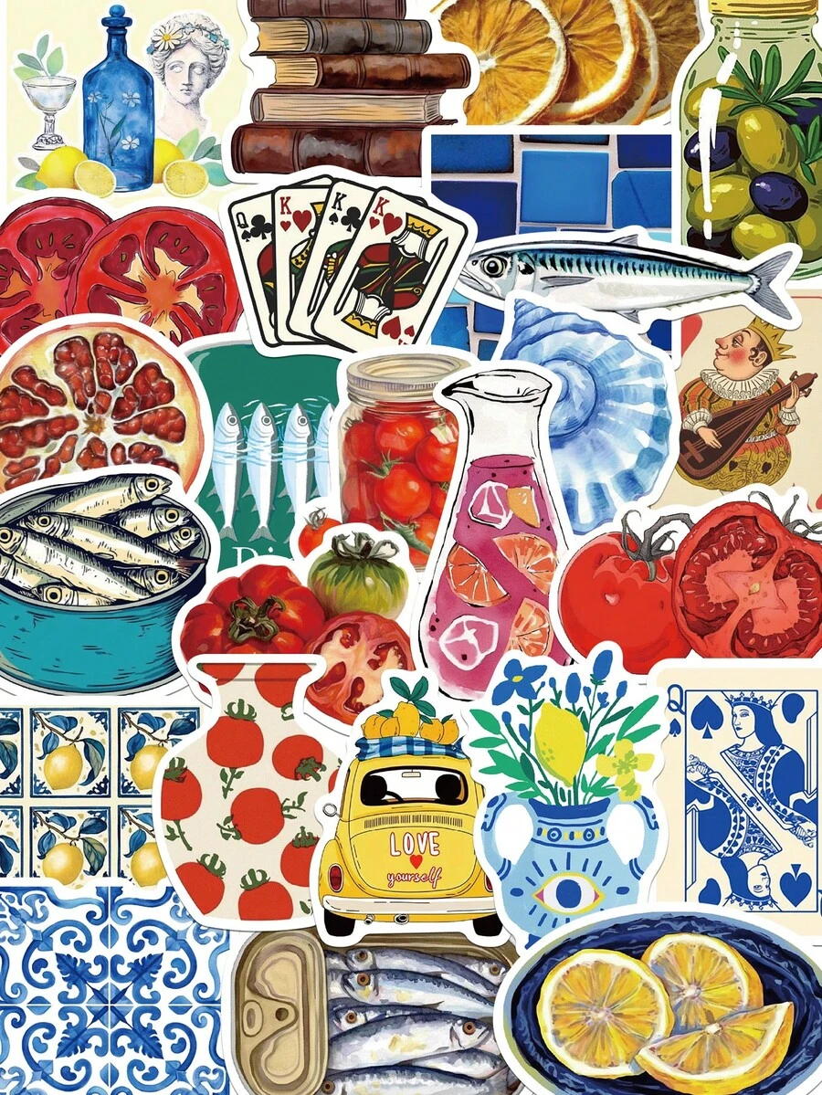 50张地中海风格复古贴纸，采用防水PVC材质，饰有卡通图案。可用于剪贴簿、笔记本电脑、行李箱、吉他、水瓶、手机壳等。DIY贴纸，也适合学校用品和返校季使用。 - 款式3 - 查看 1