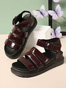 学院风女式纯色坡跟厚底休闲扣夏季露趾舒适平底罗马凉鞋，交叉系带防滑设计 - 酒紅色 - 查看 9