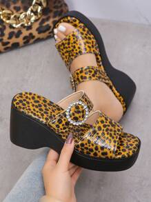 Plus Size Women's Wedge Thick Bottom Sandals, New Arrival Summer Fashion European And American Style Leopard Print, Rhinestone Round Buckle Platform High-Heel Sandals For Casual, Vacation, Party, Dating, Comfortable And Versatile, Waterproof