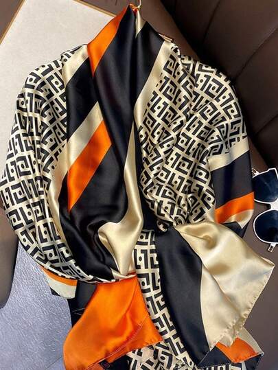 1条180*85厘米户外防晒披肩，时尚印花女士轻薄柔软围巾，防风四季皆宜，图案混色，黄黑咖啡棕色长方形，适合女士连衣裙搭配。