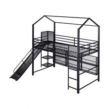 Twin Size House Metal Loft Bed With Iron Mesh Shelves And Slide,Black-9881 - Multicolor - View 10