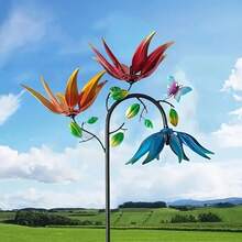 Large Stainless Steel Wind Up Metal Flower Butterfly Windmill - 3 Rotating Colourful Flowers & Butterflies, Weather Resistant Outdoor Patio Art Decoration For Deck, Patio, Patio Decoration, Whimsical Designs