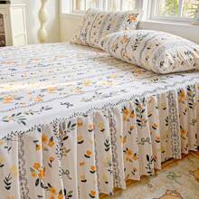 Juego de ropa de cama minimalista de 3 piezas con estampado digital suave y cómodo - 1 sábana ajustable + 2 fundas de almohada (sin edredón), con volantes románticos, elegante, suave y transpirable para dormitorio/habitación de invitados, adecuado para camas queen, king y full, con banda elástica en las 4 esquinas, lavable a máquina