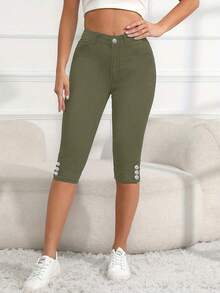 Jeans capri de verano elásticos y ajustados de estilo casual para mujer - Verde - Ver 3
