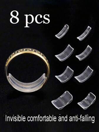 8 pièces ajusteur d'anneau transparent, redimensionneur d'anneau invisible, réducteur de taille d'anneau lâche pour femmes avec adhésif invisible, kit d'outils de couture de bijoux DIY - adapté pour les bagues de mariage et le confort des bijoux