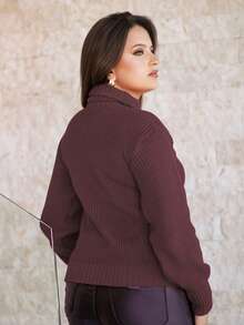 Women's Cold Weather Sweater Turtleneck Wool Puff Sleeve Knitted Knit Braids - 鏽棕色 - 查看 7