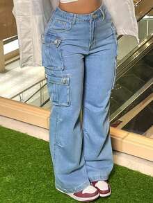 Plus Size Women's Utility Pocket Straight Leg Jeans Casual Spring - Light Wash - View 5
