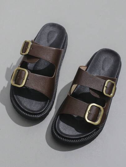 Women PU Buckle Decor Sandals, Brown, Platform Fashion Women's Shoes, Beach Slippers
