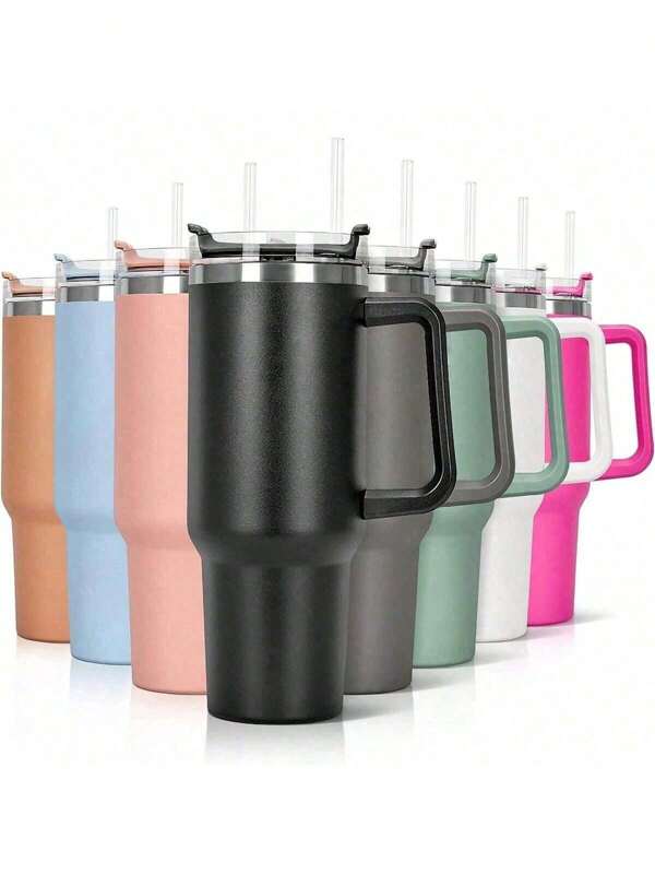 1pc Cold Drink Cup With Handle And Straw, Stainless Steel Flat Bottom Cup With Handle And Leakproof Design, Outdoor Travel Cup With Carrying Strap And Dustproof Silicone Cap, Reusable Water Bottle With Straw And Lid, Outdoor Camping Insulated Water Bottle, Travel Tumbler Back To School