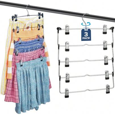 4-Tier Skirt, Pants Hangers With Clips - Metal, Non-Slip Space Saving, Adjustable Clips & Swivel Hooks For Women (3-Pack)Skirt Hanger Back To Schooltravel Essentialsroom Decor,Home Decor,Bedroom Decor