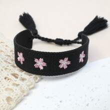 1 Stück handgefertigtes besticktes Blumen Kirschblüten geflochtenes verstellbares Boho Quasten Armband, geeignet für Freunde, Familie, Studenten, Urlaubsgeschenke, Partys, Reisen, Hochzeitsbekleidung