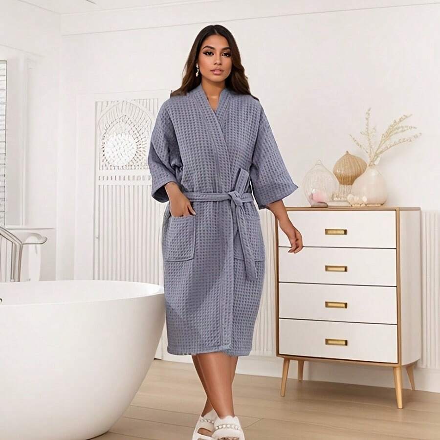 1pc Waffle Bathrobe, Summer Loose Soft Breathable Non-Stuffy, Luxurious Quality Home/Dorm Shower/Swimming Unisex Short Sleeve Robe Back To School - Multicolor - View 1
