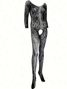性感内衣女式提花连体衣长袜带透明开襟长袖黑色连体衣女式性感连体衣，连体衣长袜 - 彩色 - 查看 2