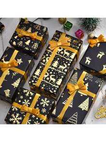 6 Stücke Weihnachtsgeschenkpapier mit Folie, Vintage Schwarz Gold Hirsch, Schneeflocke, Weihnachtsbaum Geschenkverpackung