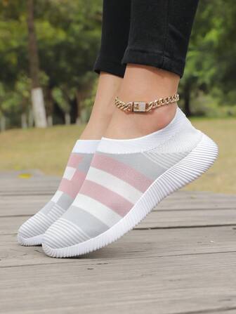 Chaussettes en maille rayées pour femmes pour l'extérieur, chaussures respirantes sans lacets, baskets légères pour la marche et la course