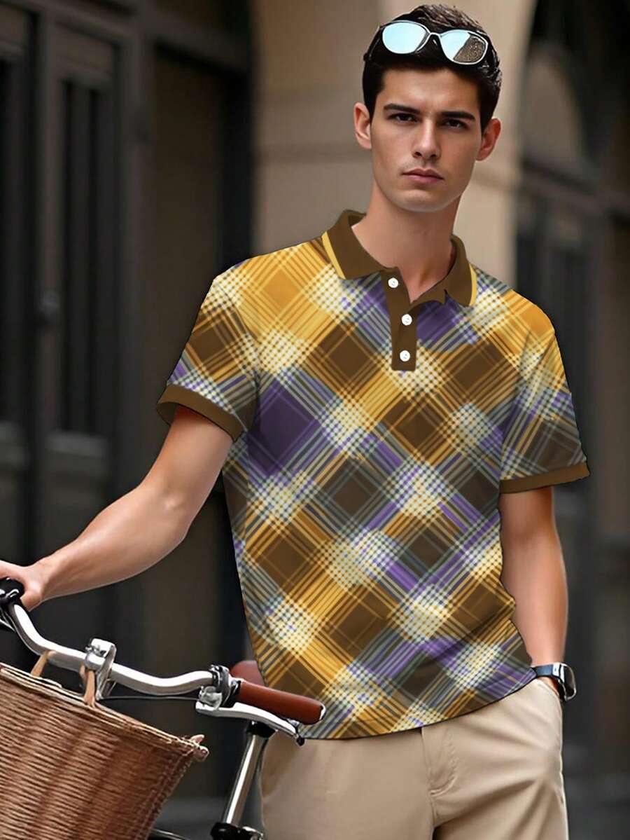 男士春夏复古撞色格纹印花 Polo 衫，适合都市探险者 - 复古风周末、咖啡约会和休闲街头风格，彰显现代绅士风范