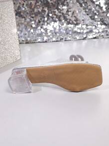 1 par de chanclas elegantes y ligeras de talla grande con lazo transparente y brillante plateado, correa de PU suave, punta cuadrada, tacón grueso transparente y cristalino, apropiado para adolescentes y mujeres, primavera/verano 2025
