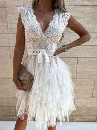Look Polly Summer Women Dresses,Solid Color Lace Top And Mesh Skirt,Wedding Women Dresses Fall Women Clothes, Back To School Clothes,All White Party Women's Backless Dress Prom Dress,White Lace Dress Elegant V-Neck Sleeveless Long Dress