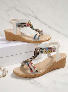 Vintage Bohemian Beaded Elastic Band Wedge Platform Roman Sandals, Beach Shoes For Women (Run Small)