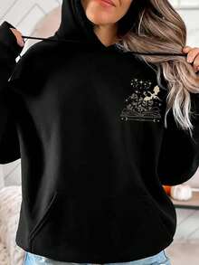 Women's Autumn And Winter Daily Book Dragon Pattern Print Hooded Long Sleeve Simple Casual Daily Black Hoodie Top Spring - Black - View 5