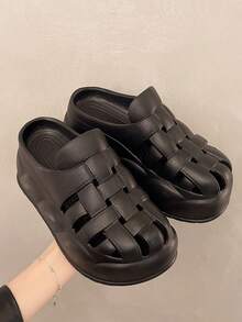 Gewebte Slip-On Sandalen für Frauen, Sandalen mit dicker Sohle und Aushöhlungen, neues Design Sommer 2025 - Schwarz - Übersicht 3