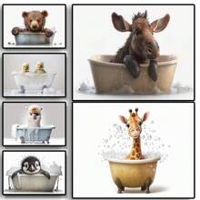 1pc Wall Arts Posters Cute Animals Baby In Bathtub Posters Elephant Panda Duck Prints Canvas Painting Bath Wall Art Picture For Living Room Home Decor Canvas, Frameless