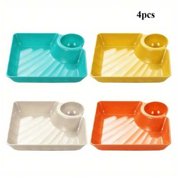 4pcs/Set Chip And Dip Serving Set, Plastic Colorful Dumpling Plate Serving Dishes, Reusable Serving Platter Dip Tray With Sauce Compartment For Sushi Taco Salsa Snack Appetizer Party