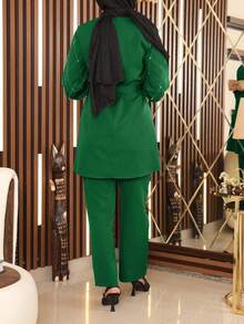 Women Rhinestone Decorated Elegant Long Sleeve Top & Pants Set - Green - View 2